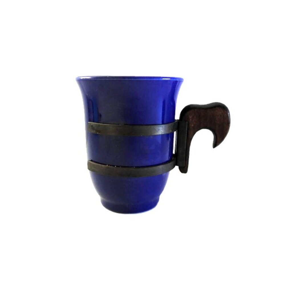 Cobalt Blue Artisan Ceramic Small Mug Cup Removable Iron Wood Handle MCM USA